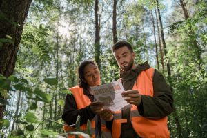 Deux travailleurs forestiers en équipement de sécurité examinent une affiche de personne disparue dans une forêt ensoleillée.
