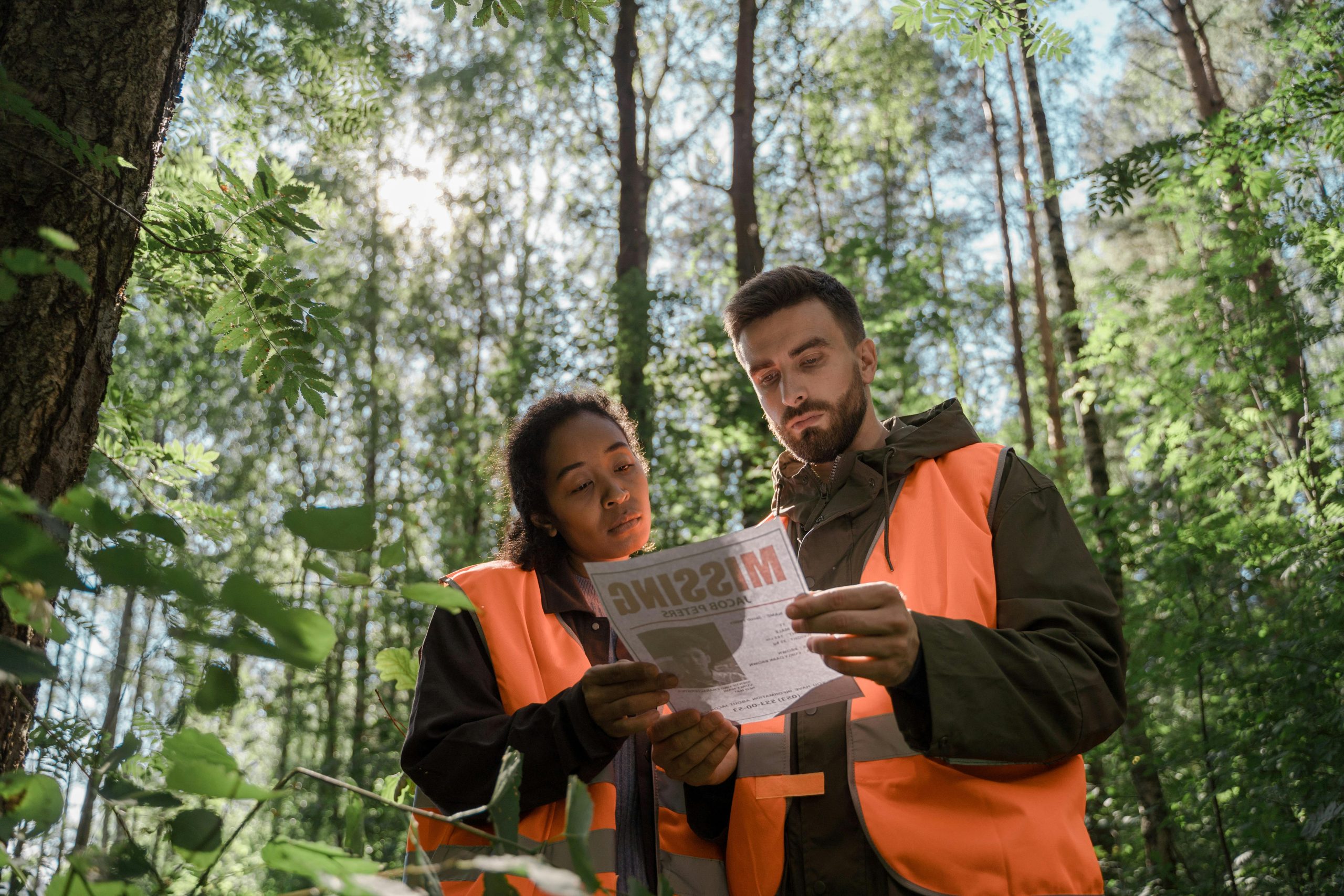 Deux travailleurs forestiers en équipement de sécurité examinent une affiche de personne disparue dans une forêt ensoleillée.